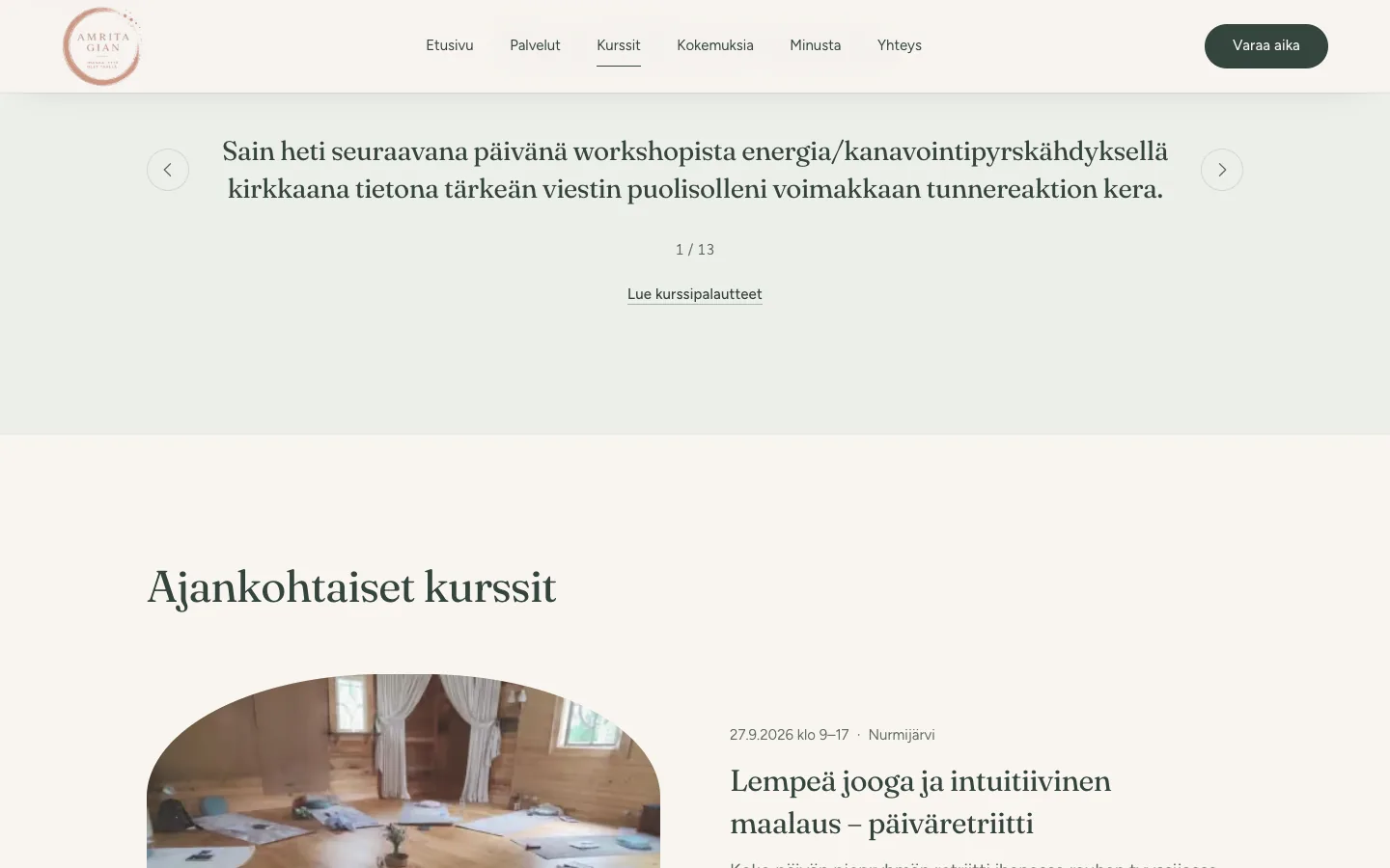 Kurssit-sivu: karuselli, jossa selataan kurssilaisten palautteita, ja sen alla Ajankohtaiset kurssit -listaus.