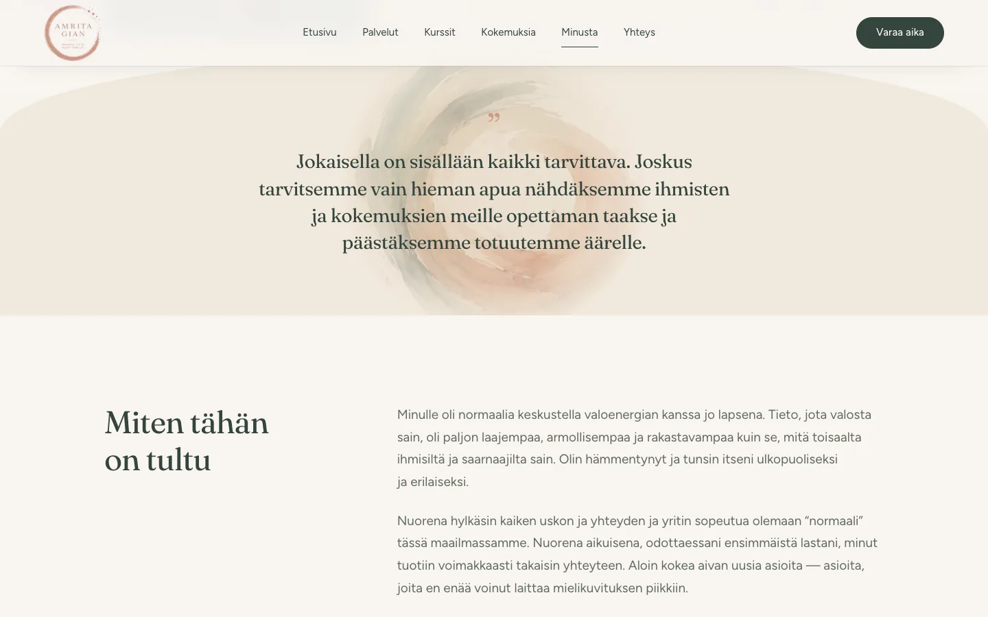 Minusta-sivun lainaus, jonka taustalla on Amritan oma vesivärityö.