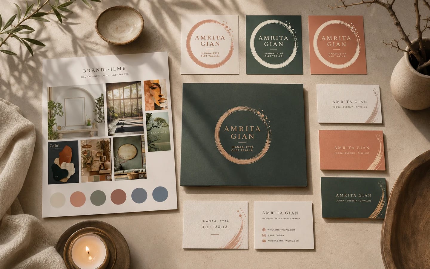 Amrita Gianin brändi-ilme: mood board, väripaletti, logoversiot kolmessa värissä, käyntikortit ja kirjekuori aseteltuina pöydälle.