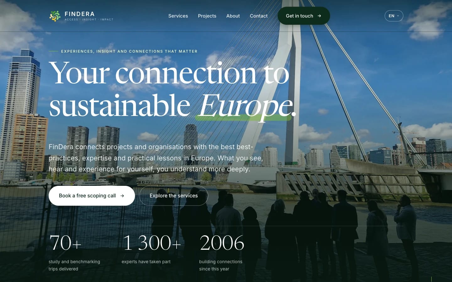 FinDera Consultingin verkkosivuston englanninkielinen etusivu, jossa otsikko "Your connection to sustainable Europe" kuvan päällä.