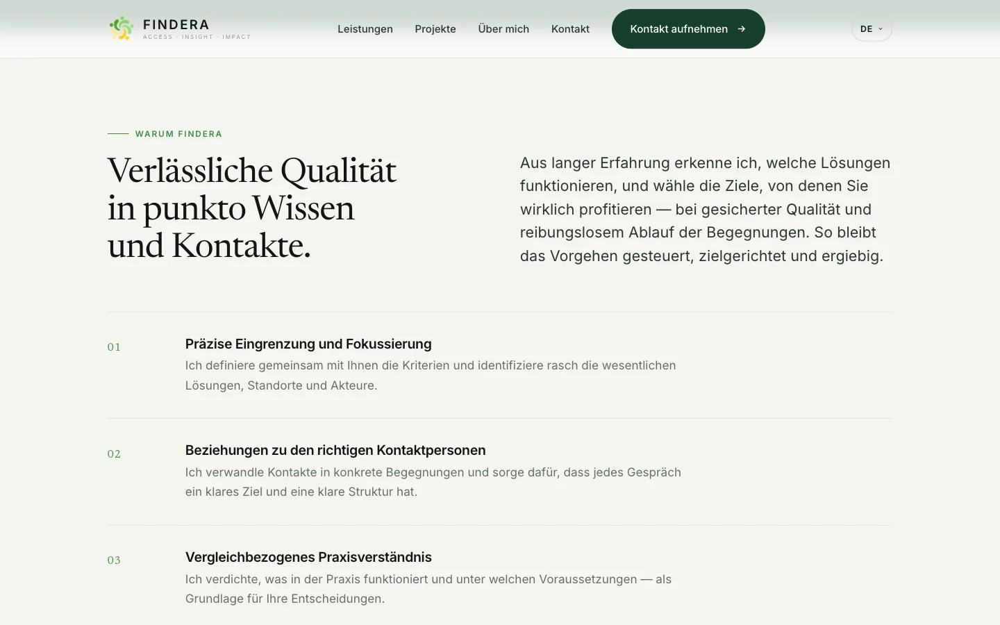 Sivuston saksankielinen versio: osio, jossa numeroidut kohdat esittelevät yrityksen toimintatavan.